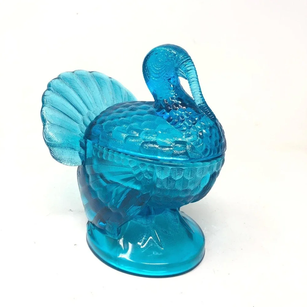 Vintage LE Smith Glass Turkey Covered Candy Dish‎ Blue Thanksgiving Decor